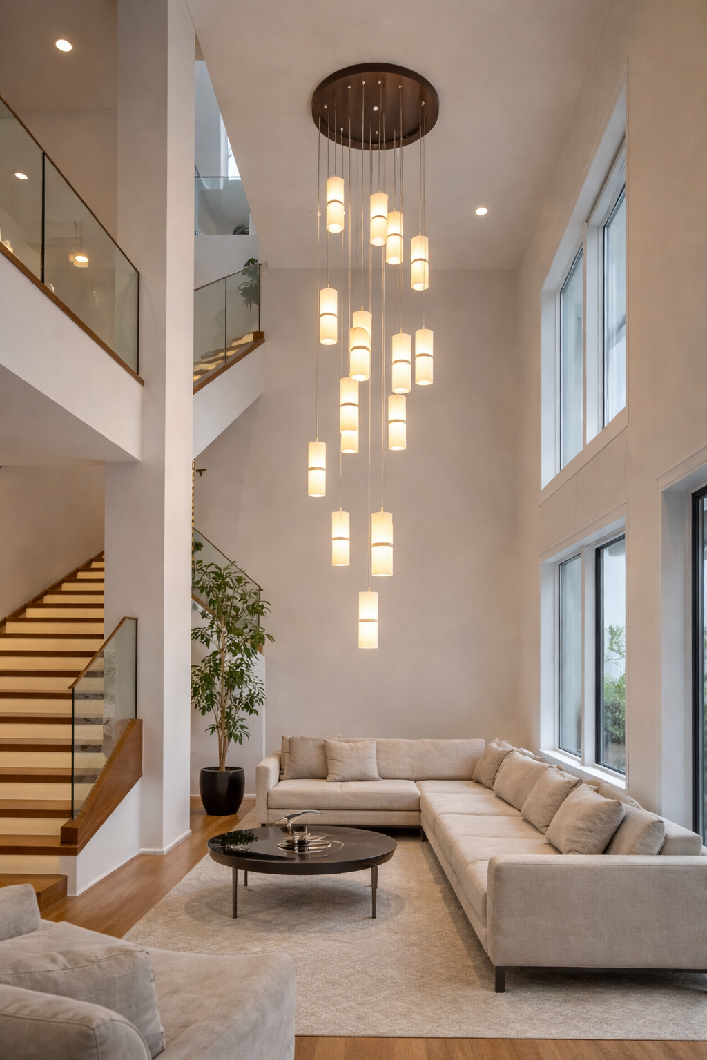 HDC Luxury 16-Light Vertical Drop Chandelier with Cylindrical Glass Shades Multi-Pendant Double Height Chandelier For Staircase