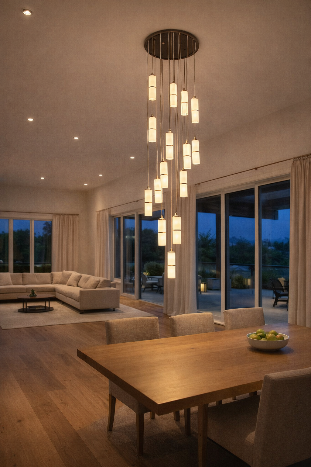 HDC Luxury 16-Light Vertical Drop Chandelier with Cylindrical Glass Shades Multi-Pendant Double Height Chandelier For Staircase