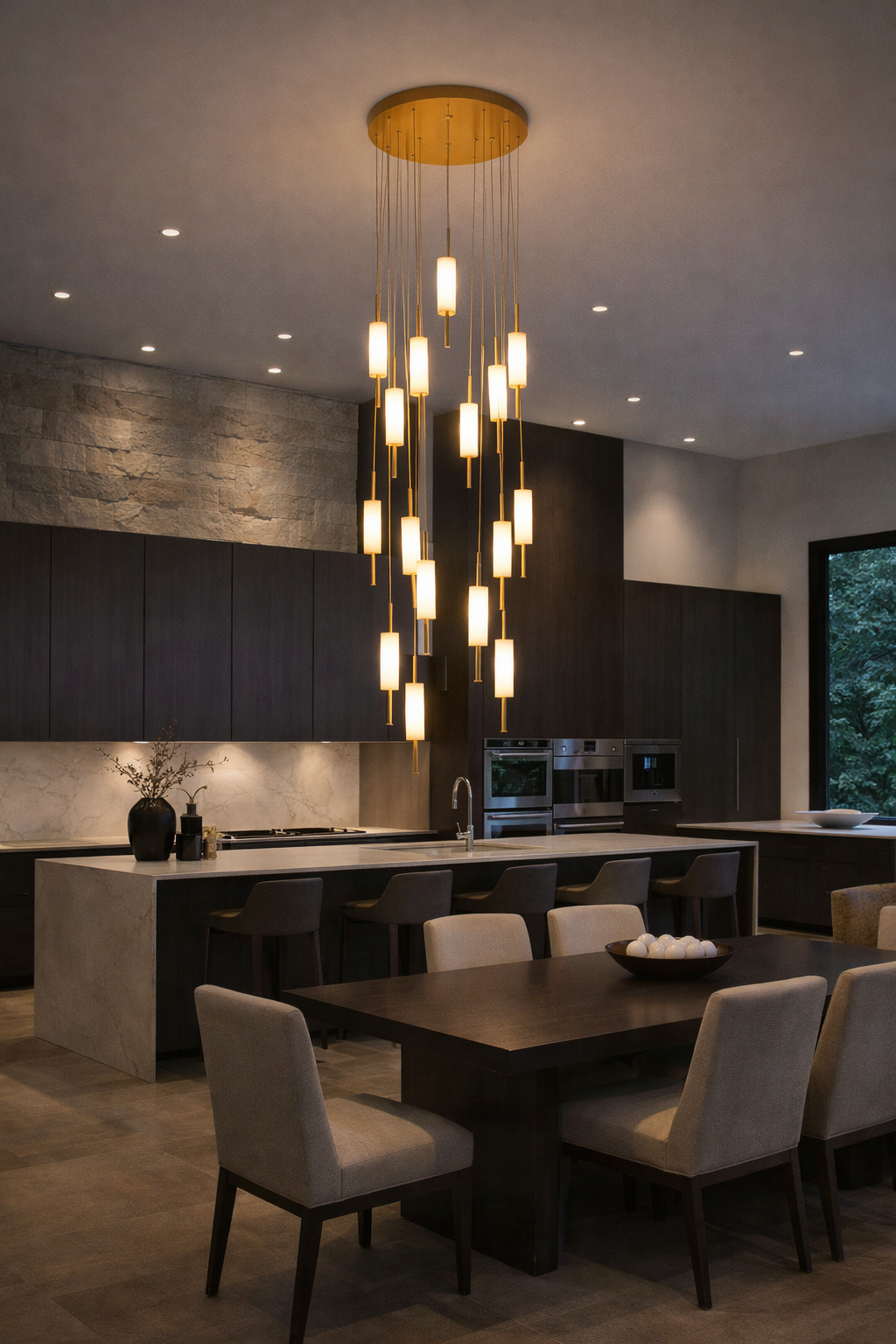 HDC Lights 16-Light Modern Cascade Chandelier in Brass Finish with Frosted Glass Cylinders Luxury Designer  Staircase Double-Height Chandelier