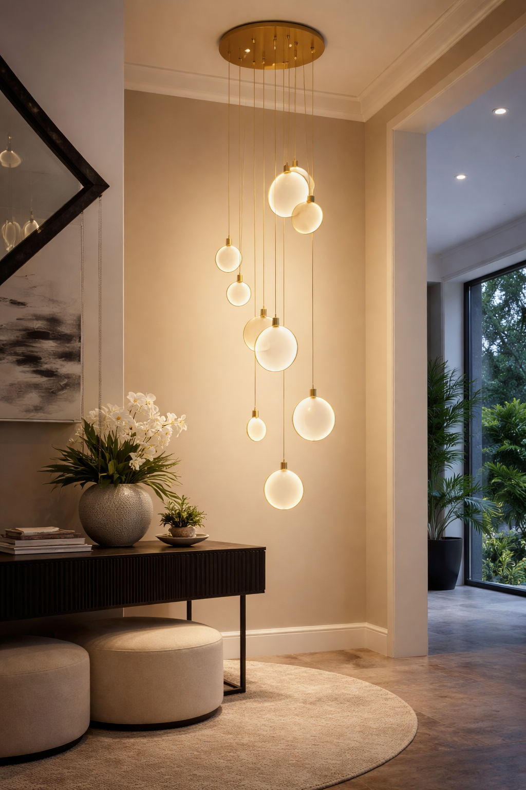 HDC Modern Multi-Drop Brass Pendant Chandelier with Warm LED Imitated Marble Discs Luxury  Double Height  Chandelier For Staircase