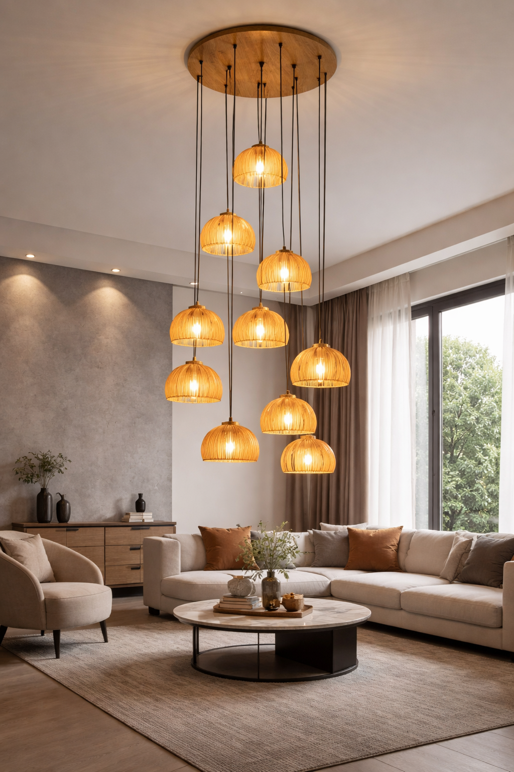 HDC E27 Wooden Pendant Light with Wooden Lampshade and Pumpkin Shape Height Adjustable Middle Size Ceiling Chandelier (Copy)