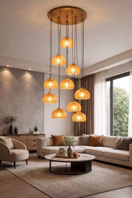 HDC E27 Wooden Pendant Light with Wooden Lampshade and Pumpkin Shape Height Adjustable Middle Size Ceiling Chandelier (Copy)