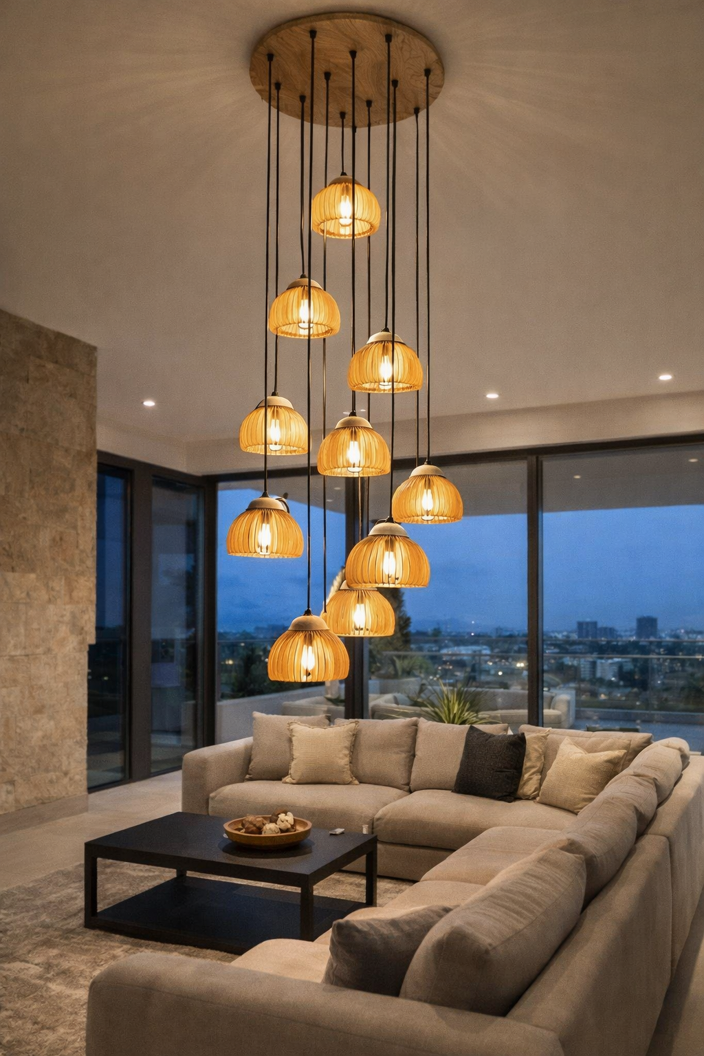 HDC E27 Wooden Pendant Light with Wooden Lampshade and Pumpkin Shape Height Adjustable Middle Size Ceiling Chandelier (Copy)