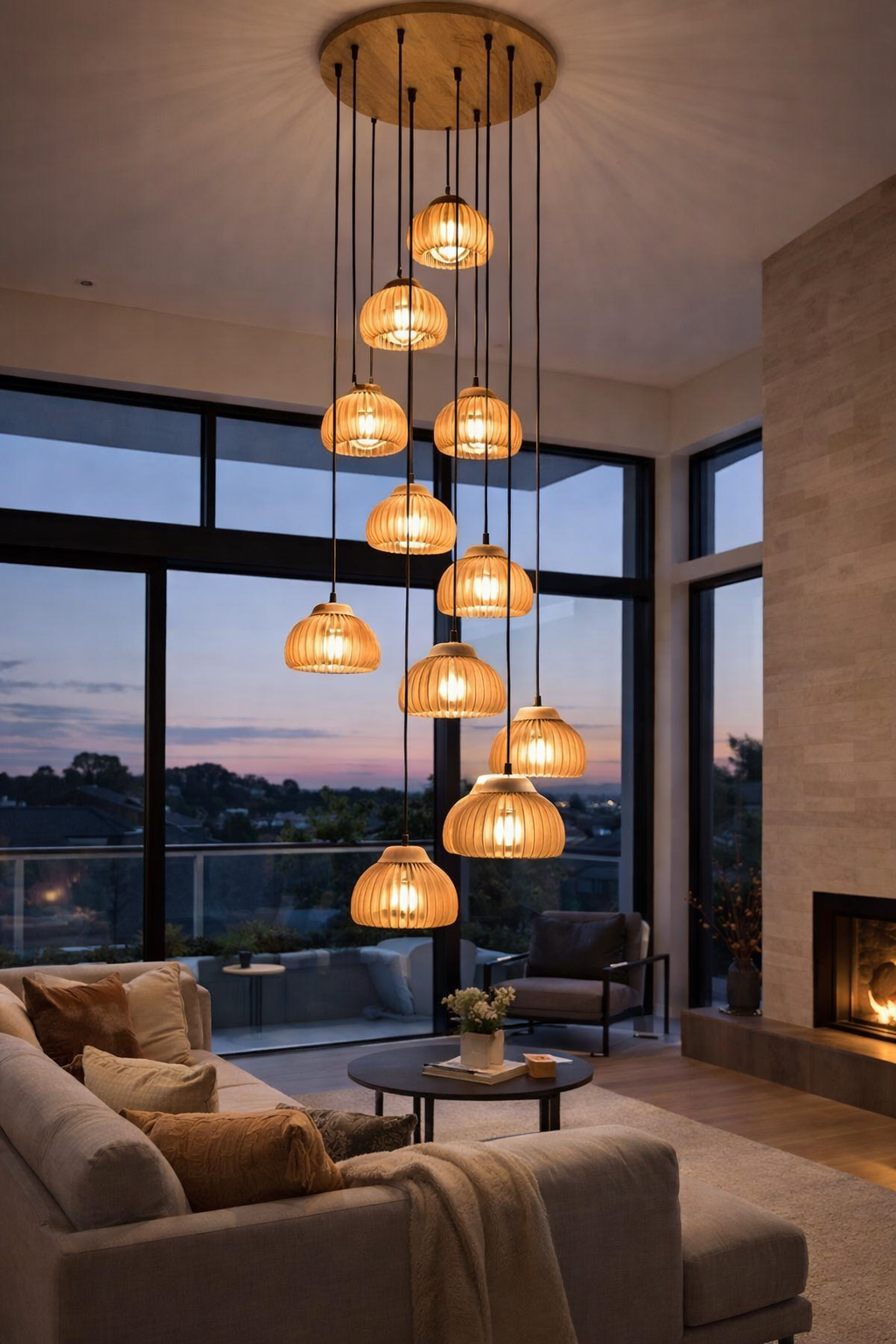 HDC E27 Wooden Pendant Light with Wooden Lampshade and Pumpkin Shape Height Adjustable Middle Size Ceiling Chandelier (Copy)