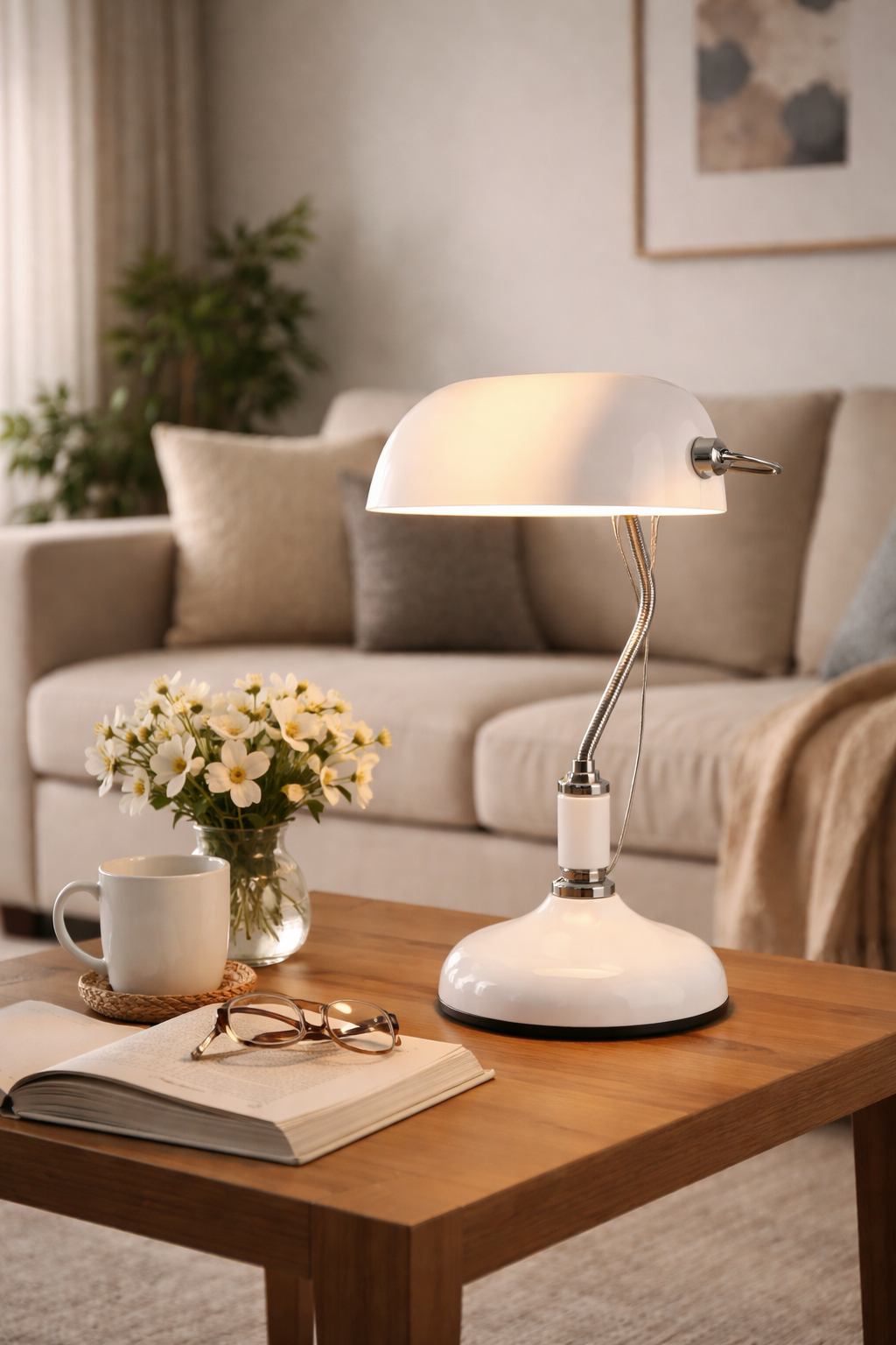 HDC White Finish Antique Design Metal Table Lamp with Adjustable Arm & Dome Shade