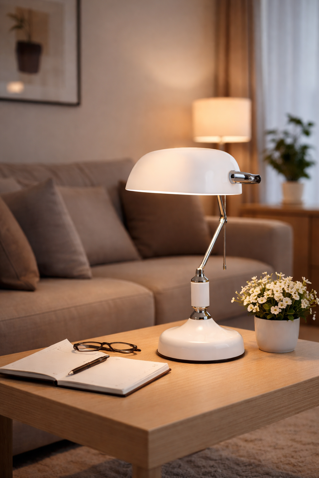 HDC White Finish Antique Design Metal Table Lamp with Adjustable Arm & Dome Shade