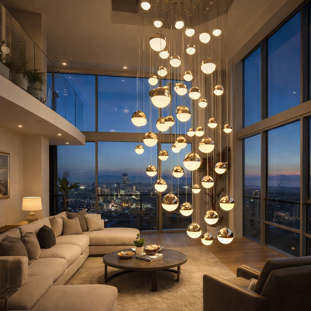 Hdc 48 Lights Luxury Multi-Drop Globe LED Chandelier Double-Height Living & Staircase Area