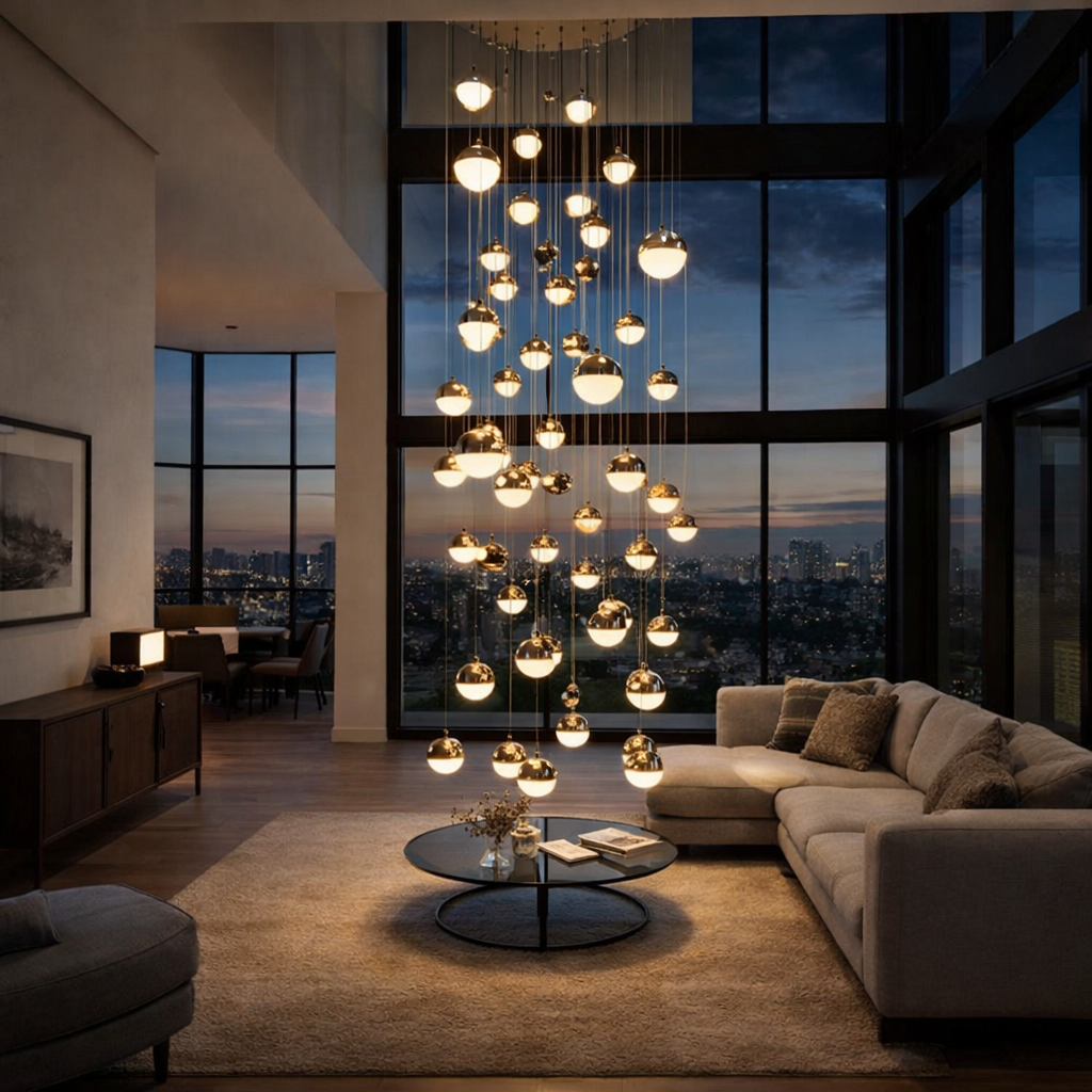 Hdc 48 Lights Luxury Multi-Drop Globe LED Chandelier Double-Height Living & Staircase Area