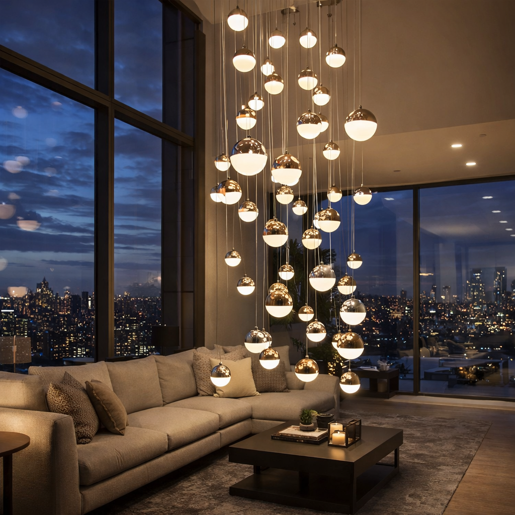 Hdc 48 Lights Luxury Multi-Drop Globe LED Chandelier Double-Height Living & Staircase Area