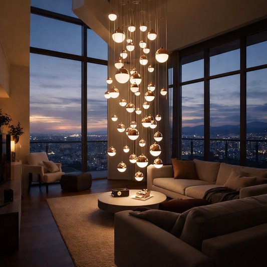 Hdc 48 Lights Luxury Multi-Drop Globe LED Chandelier Double-Height Living & Staircase Area