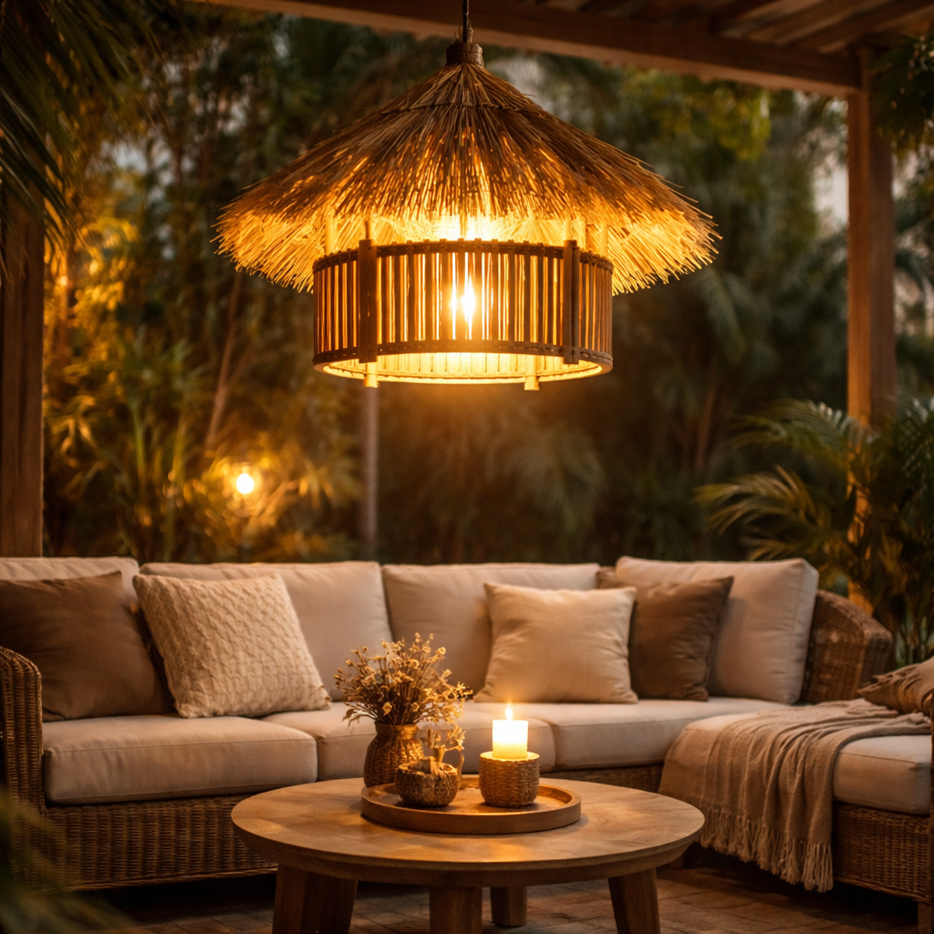 HDC Handcrafted Natural Cane & Jute Boho Ceiling Pendant Light for Café Décor