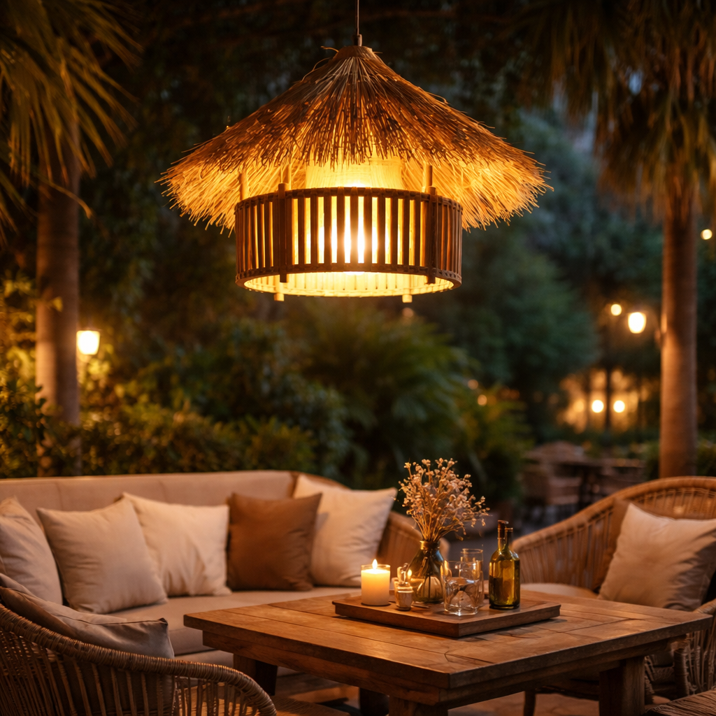 HDC Handcrafted Natural Cane & Jute Boho Ceiling Pendant Light for Café Décor