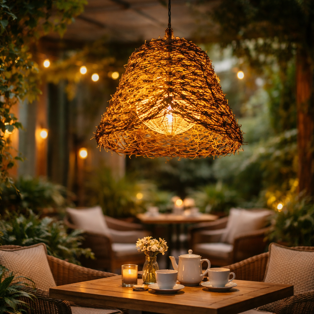 HDC Boho & Rustic Handwoven Cane Natural Rattan Ceiling Pendant Hanging Light For Cafe, Restaurant