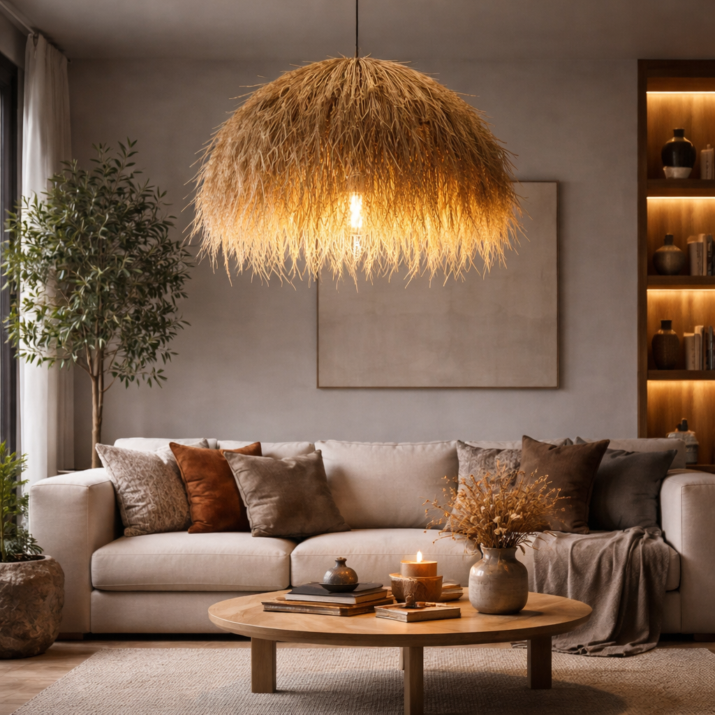 HDC Handmade Natural Fiber Sculptural Hanging Ceiling  Pendant Light for Living Room, Dining & Bedroom