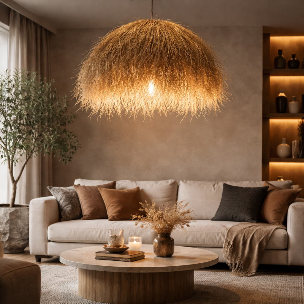 HDC Handmade Natural Fiber Sculptural Hanging Ceiling  Pendant Light for Living Room, Dining & Bedroom