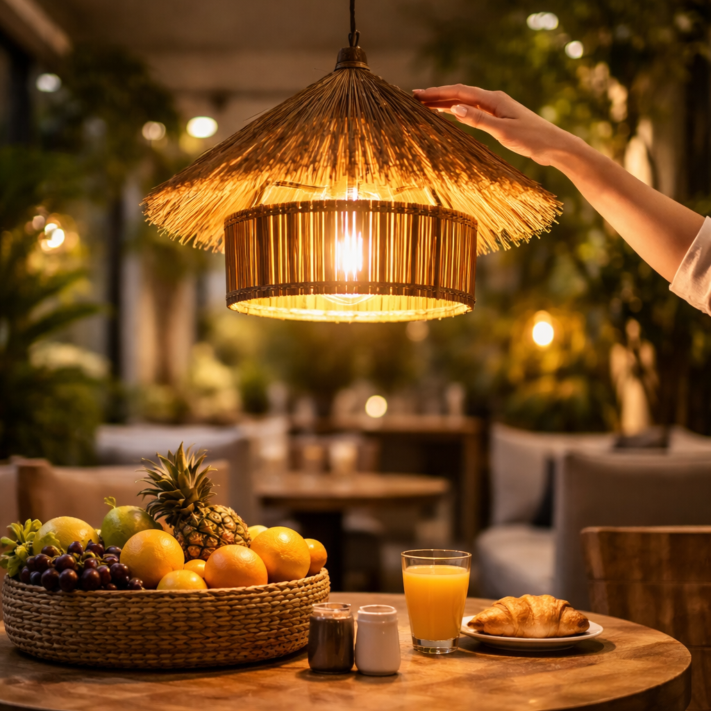 HDC Handcrafted Natural Cane & Jute Boho Ceiling Pendant Light for Café Décor