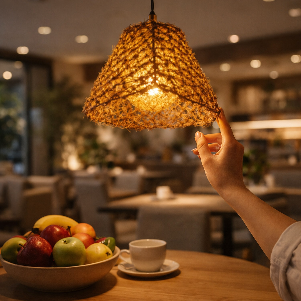 HDC Boho & Rustic Handwoven Cane Natural Rattan Ceiling Pendant Hanging Light For Cafe, Restaurant