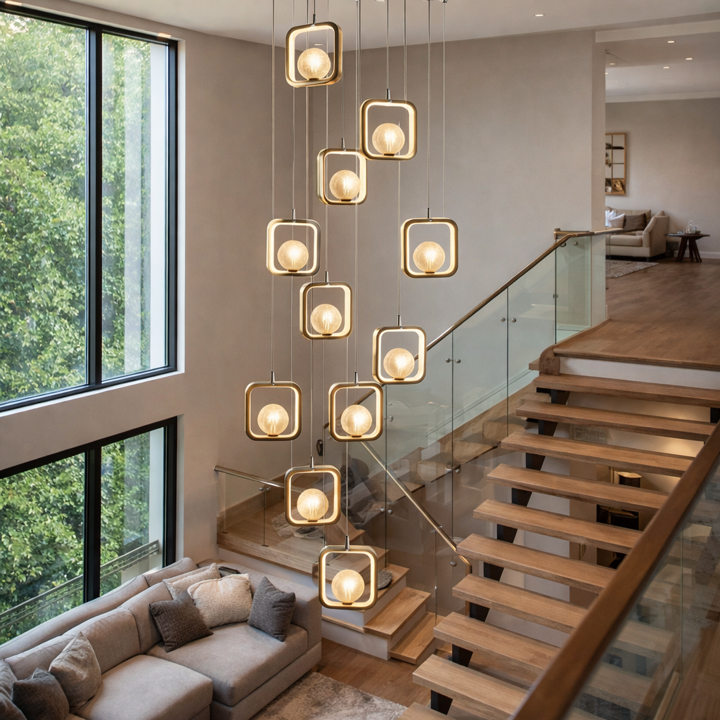 HDC 21 Lights  Modern Multi-Drop Geometric Double Height Chandelier Duplex Stair Chandelier
