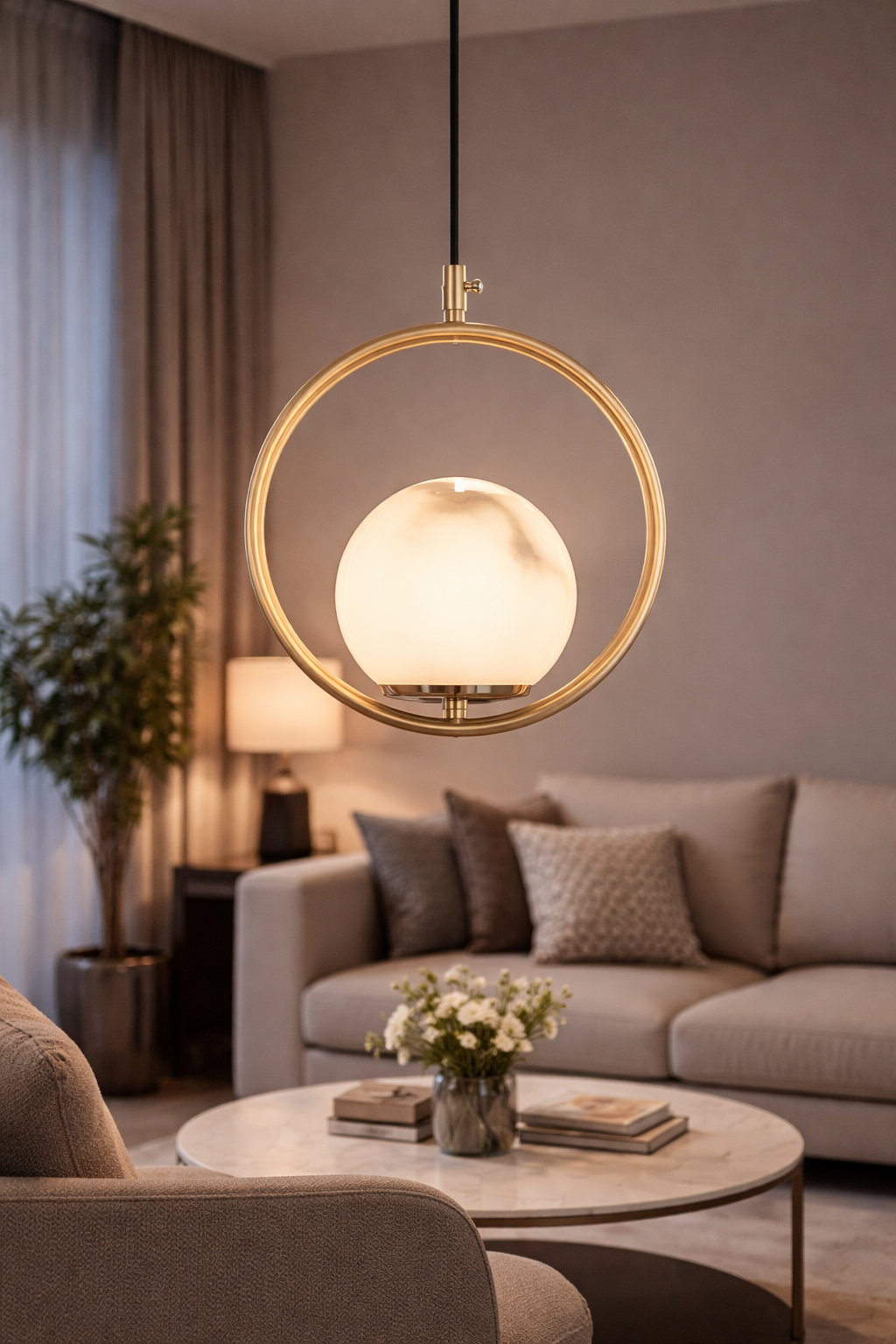 HDC Luxury Circular Frame Marble Finish Globe Pendant Light For Living Room, Bedroom