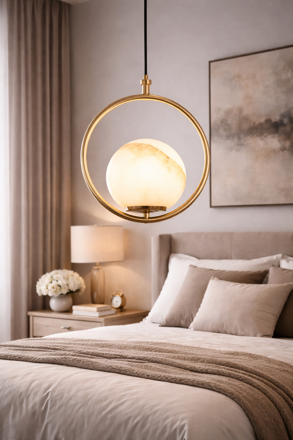 HDC Luxury Circular Frame Marble Finish Globe Pendant Light For Living Room, Bedroom