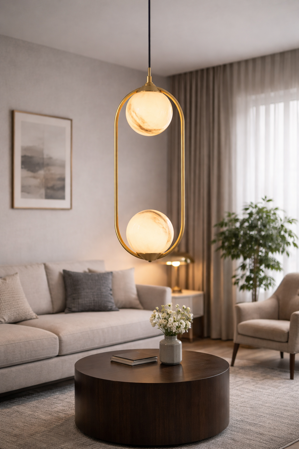 HDC Luxury Oval Frame Dual Marble Finish Globe Pendant Light For Living Room, Bedroom