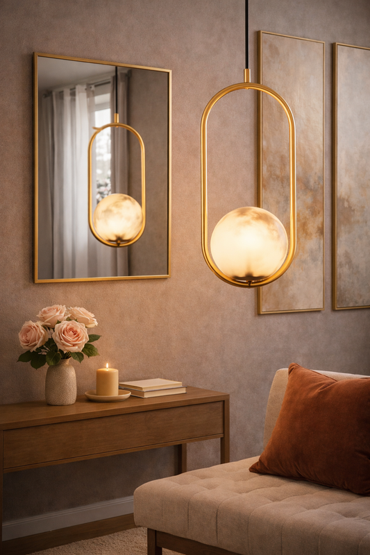 HDC Luxury Oval Frame Marble Finish Globe Pendant Light For Living Room, Bedroom