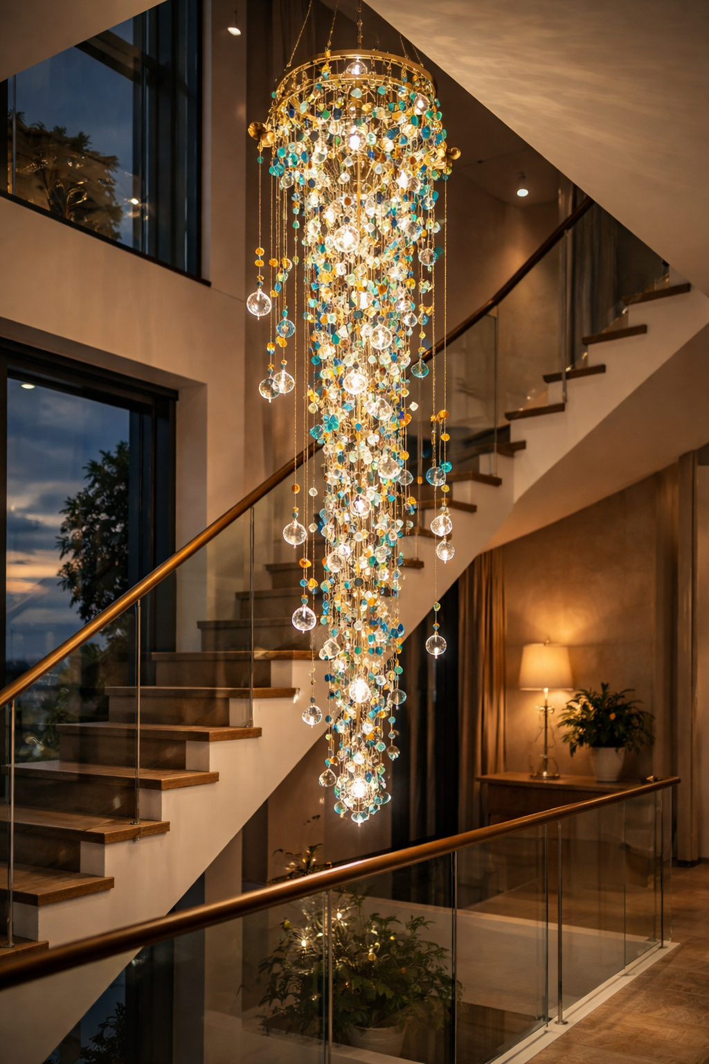 HDC 2200mm Luxury Double Height Staircase Multicolor Crystal Waterfall Chandelier