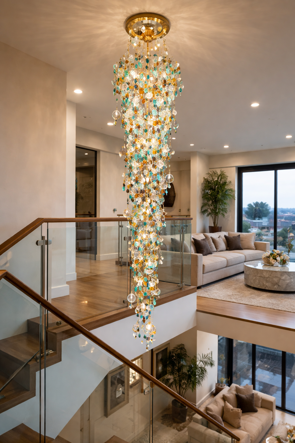 HDC 2200mm Luxury Double Height Staircase Multicolor Crystal Waterfall Chandelier