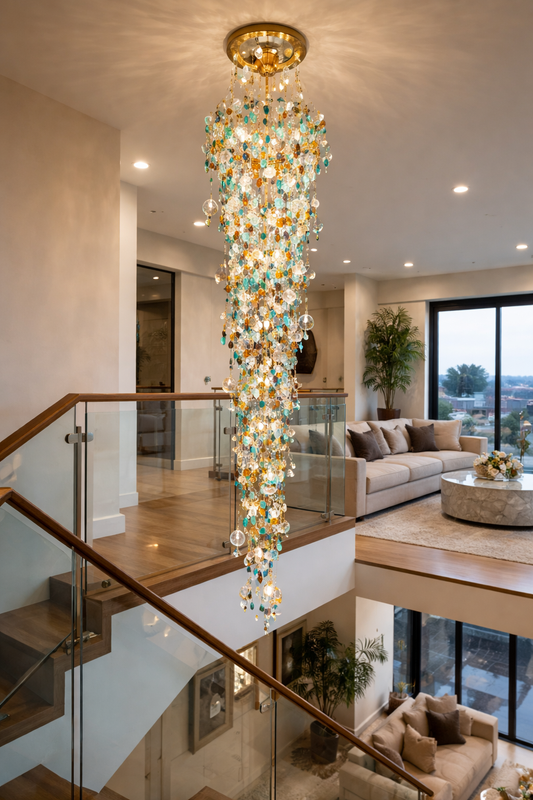 HDC 2200mm Luxury Double Height Staircase Multicolor Crystal Waterfall Chandelier