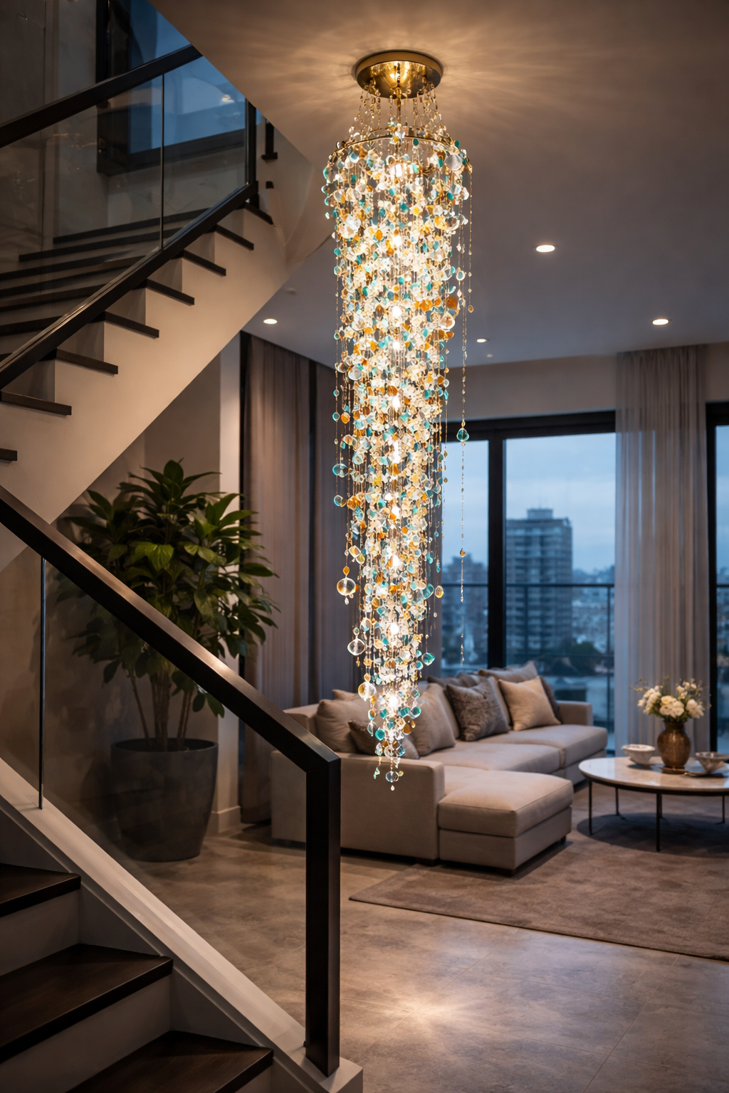 HDC 2200mm Luxury Double Height Staircase Multicolor Crystal Waterfall Chandelier