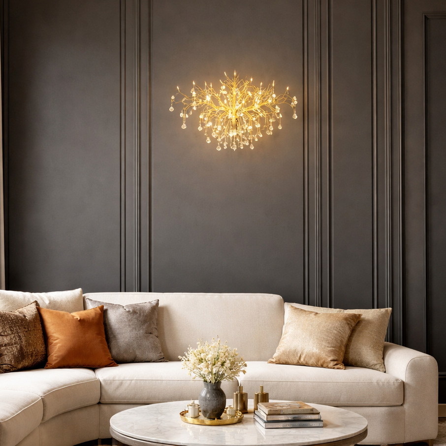 HDC Led Glass Waterdrop Crystal Gold Metal Wall Light - Warm White