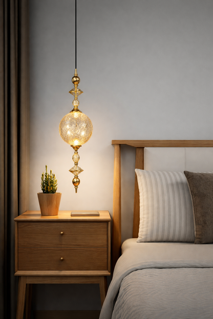 HDC Luxury Crystal Globe Pendant Light with Brass Finish | Elegant Vertical Hanging Lamp for Living Room, Bedroom & Designer Interiors