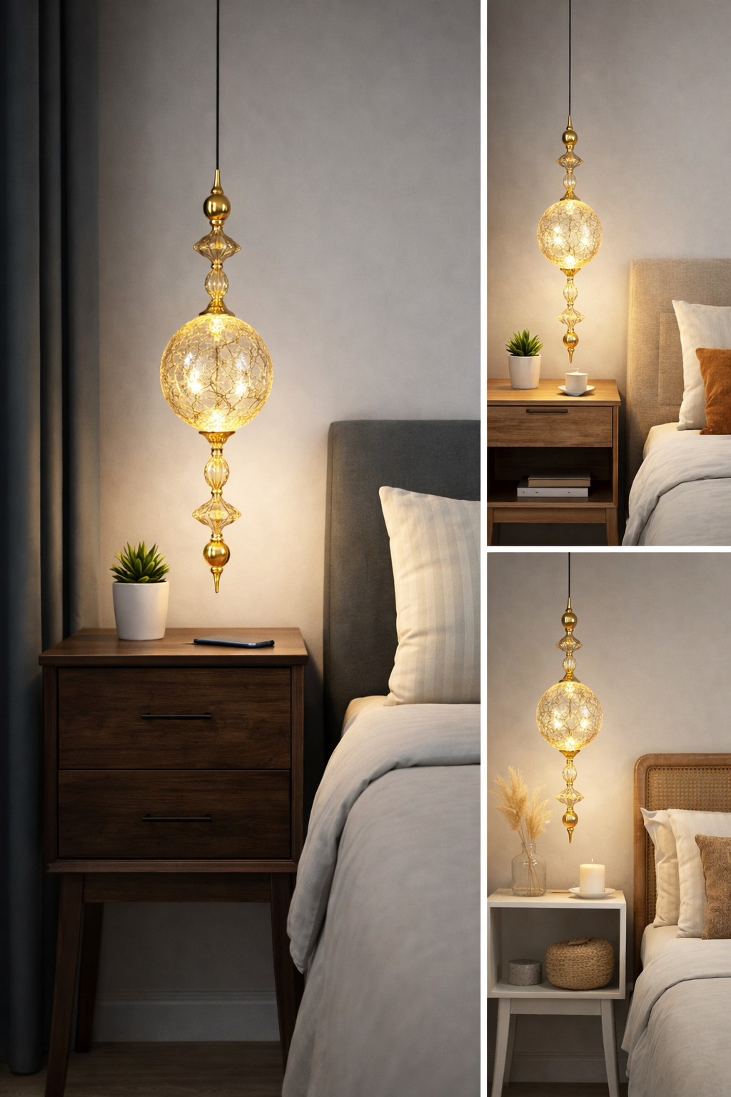 HDC Luxury Crystal Globe Pendant Light with Brass Finish | Elegant Vertical Hanging Lamp for Living Room, Bedroom & Designer Interiors