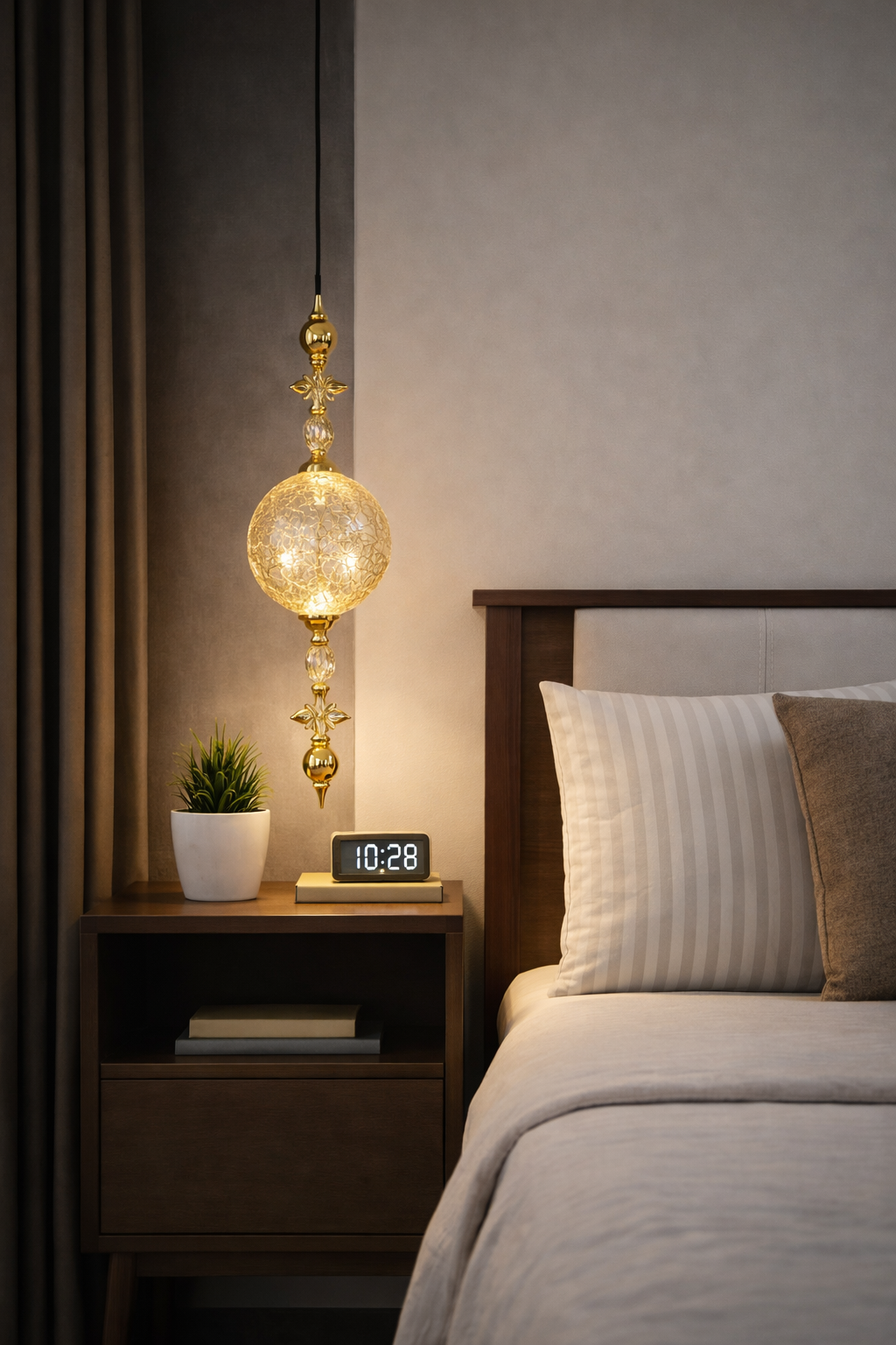 HDC Luxury Crystal Globe Pendant Light with Brass Finish | Elegant Vertical Hanging Lamp for Living Room, Bedroom & Designer Interiors