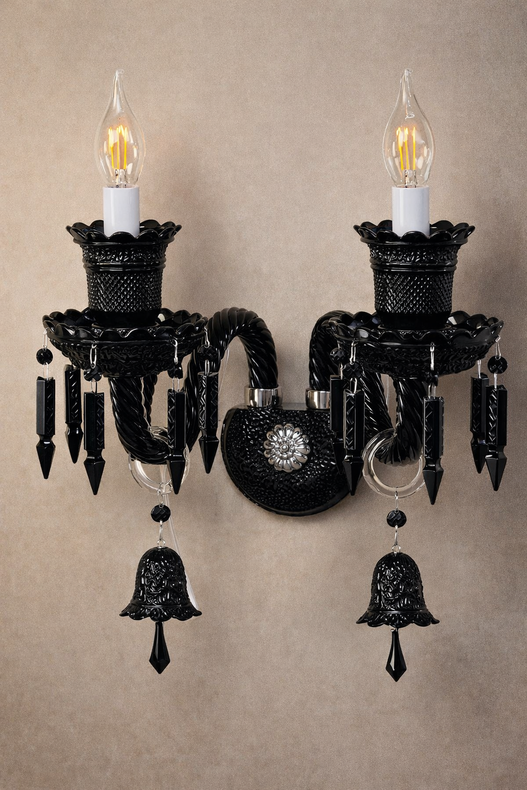 HDC Classic Black Crystal Wall Light with Dual Candle Holders | Luxury Decorative Wall Sconce for Living Room, Bedroom & Heritage Interiors