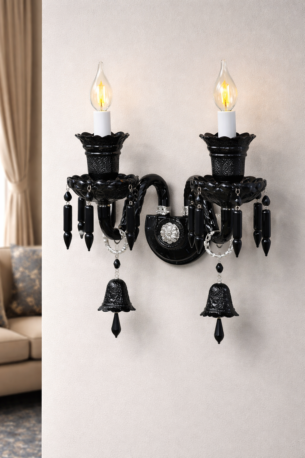 HDC Classic Black Crystal Wall Light with Dual Candle Holders | Luxury Decorative Wall Sconce for Living Room, Bedroom & Heritage Interiors