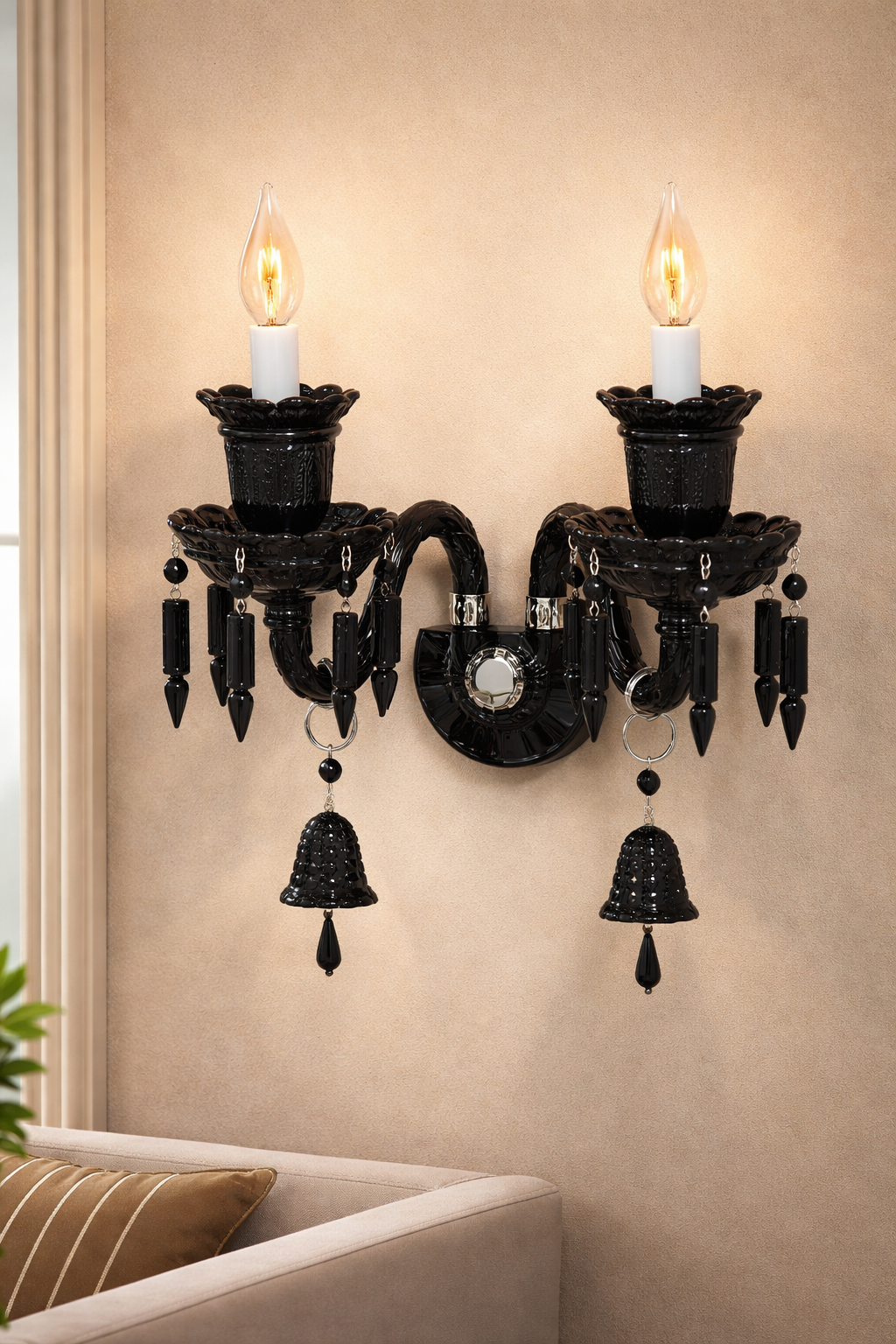 HDC Classic Black Crystal Wall Light with Dual Candle Holders | Luxury Decorative Wall Sconce for Living Room, Bedroom & Heritage Interiors