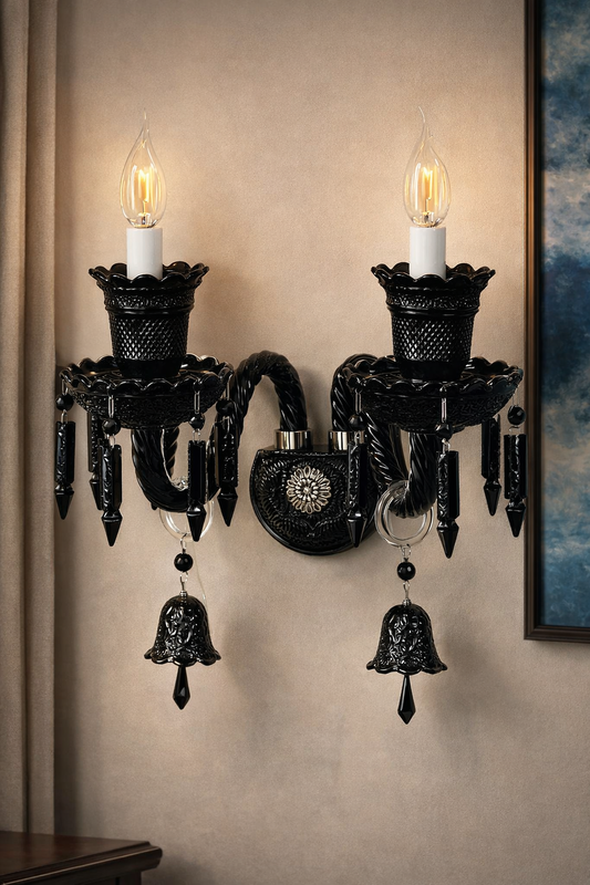 HDC Classic Black Crystal Wall Light with Dual Candle Holders | Luxury Decorative Wall Sconce for Living Room, Bedroom & Heritage Interiors