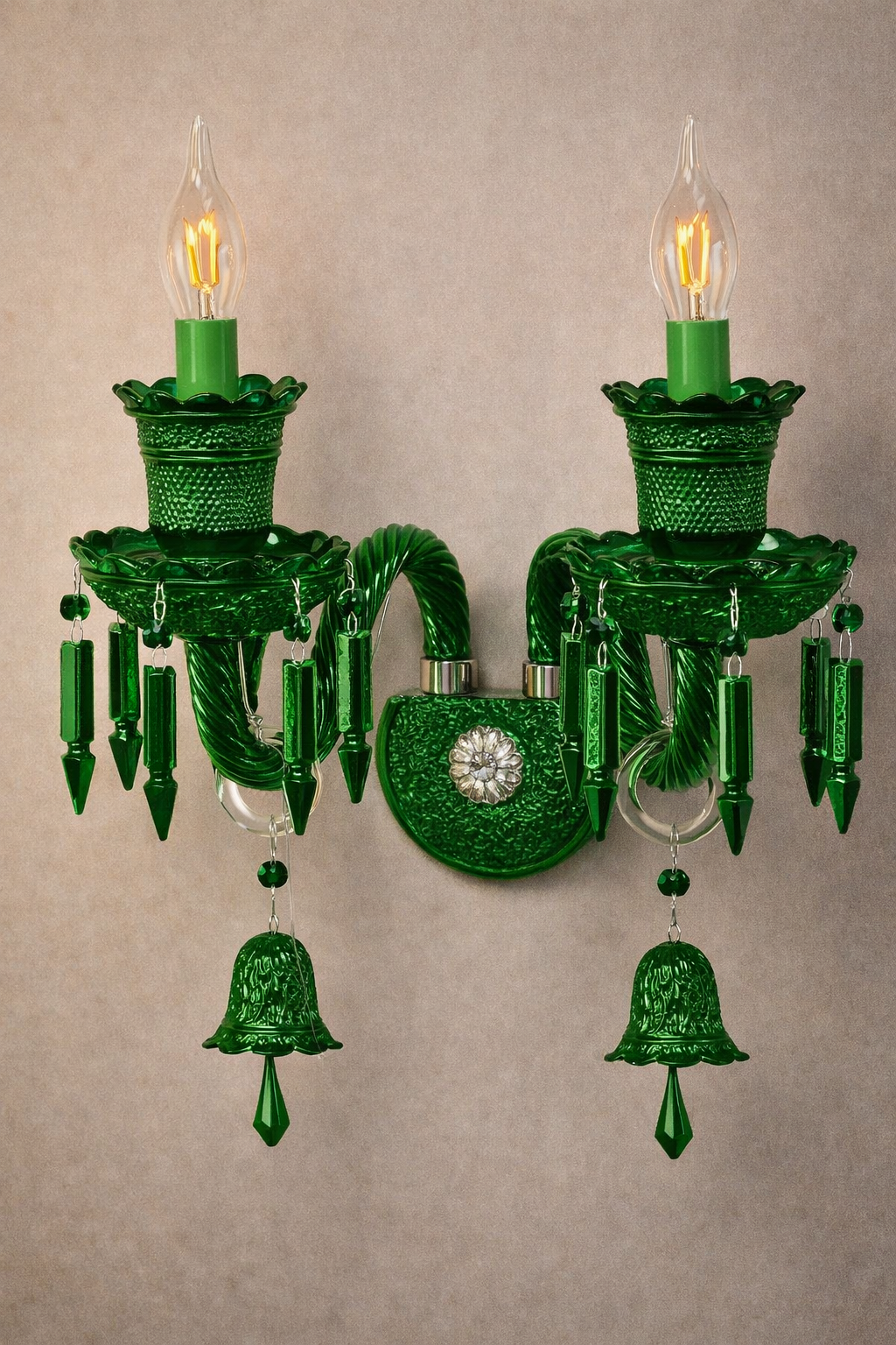 Hdc Vintage Green Glass Double Arm Wall Light Handcrafted Decorative Wall Sconce with Crystal Drops for Living Room & Bedroom