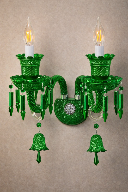 Hdc Vintage Green Glass Double Arm Wall Light Handcrafted Decorative Wall Sconce with Crystal Drops for Living Room & Bedroom