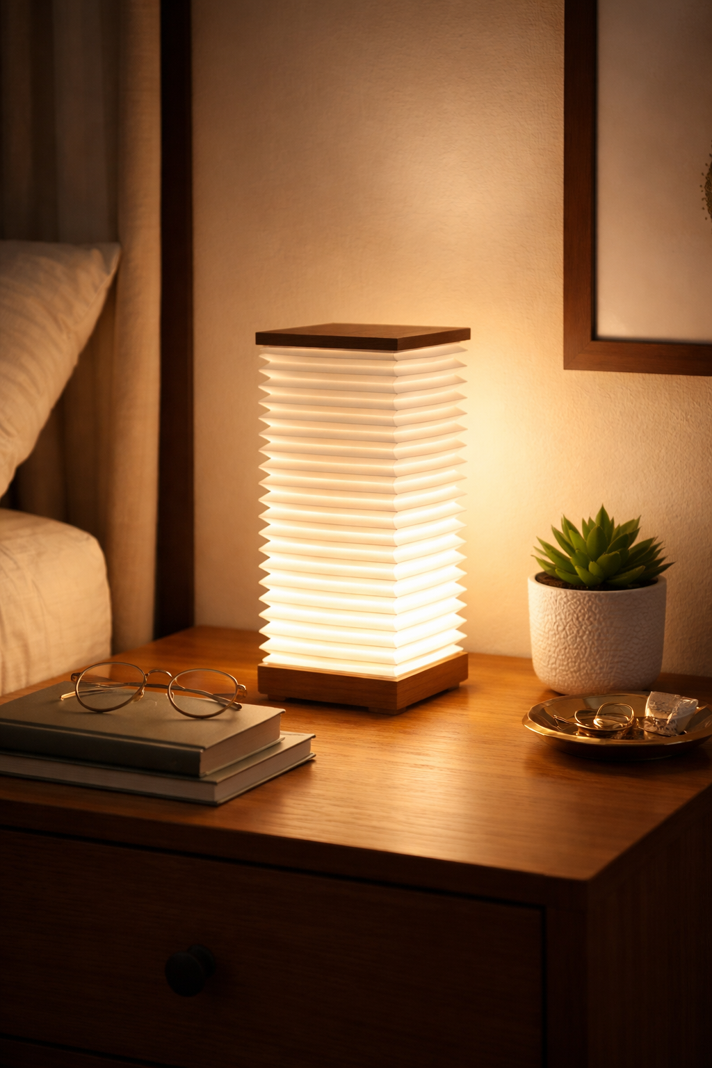 HDC Spiral Fold Paper Table Lamp with Wooden Base | Modern Ambient Decorative Lamp for Bedroom, Living Room & Console