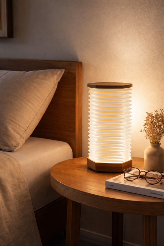 HDC Spiral Fold Paper Table Lamp with Wooden Base | Modern Ambient Decorative Lamp for Bedroom, Living Room & Console