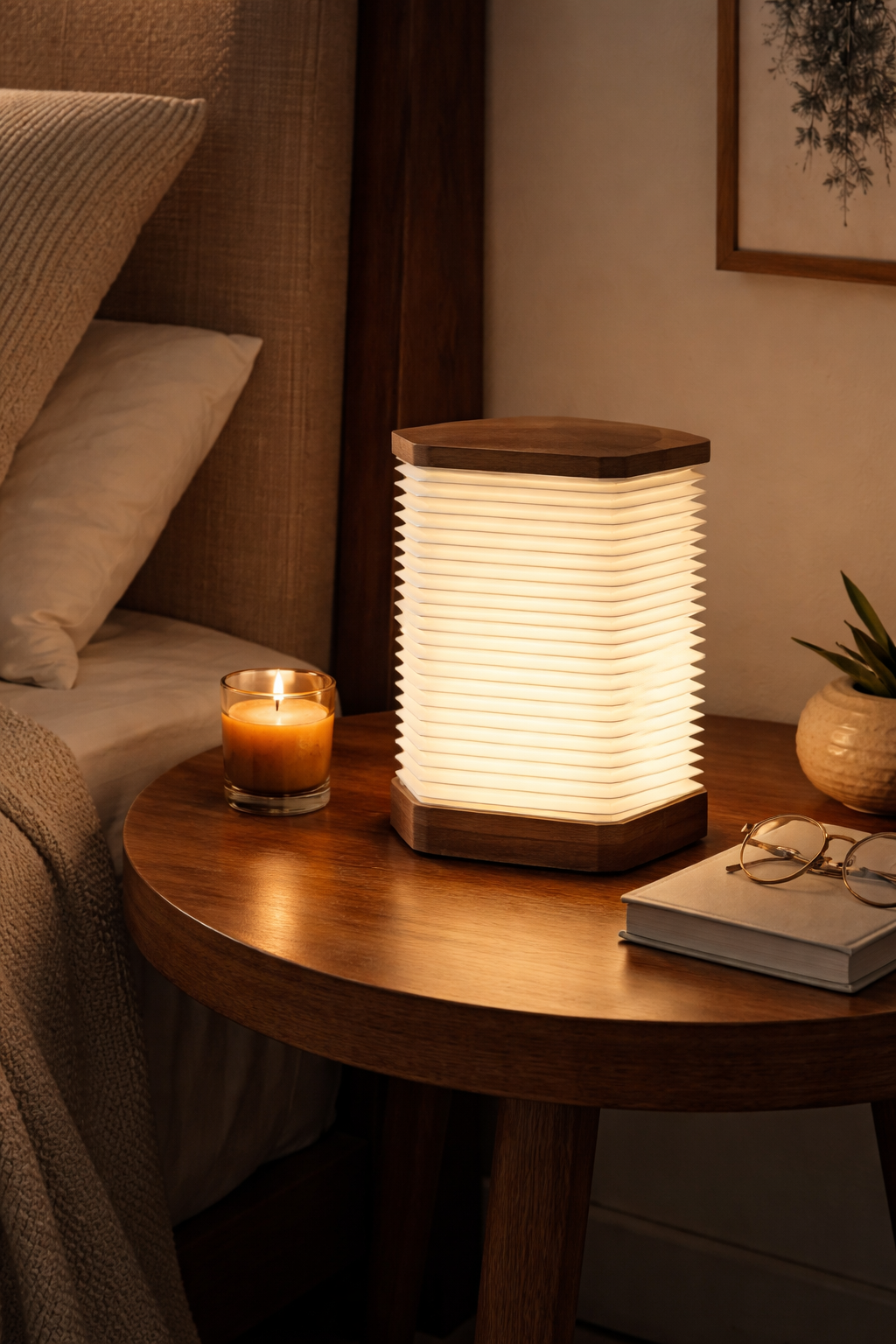 HDC Spiral Fold Paper Table Lamp with Wooden Base | Modern Ambient Decorative Lamp for Bedroom, Living Room & Console