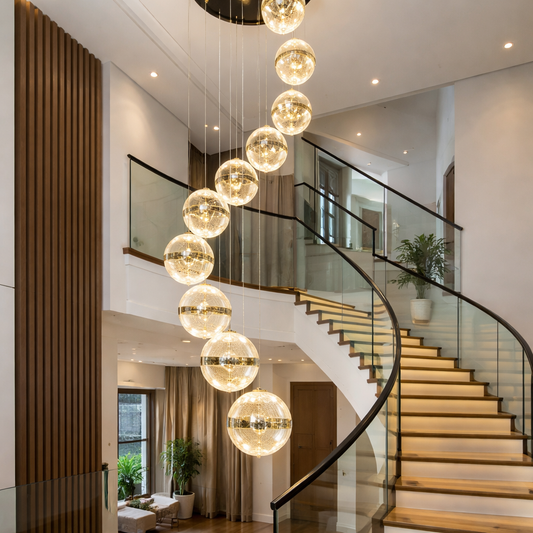 HDC 10 Lights Premium Acrylic Ball Double Height Chandelier for Staircase & Living Area