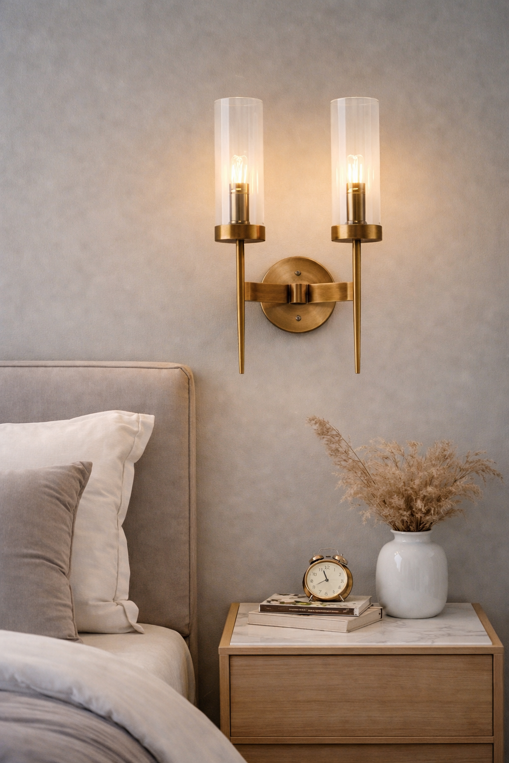 HDC 2 Light Antique Brass Clear Glass Long Wall Light - Warm White