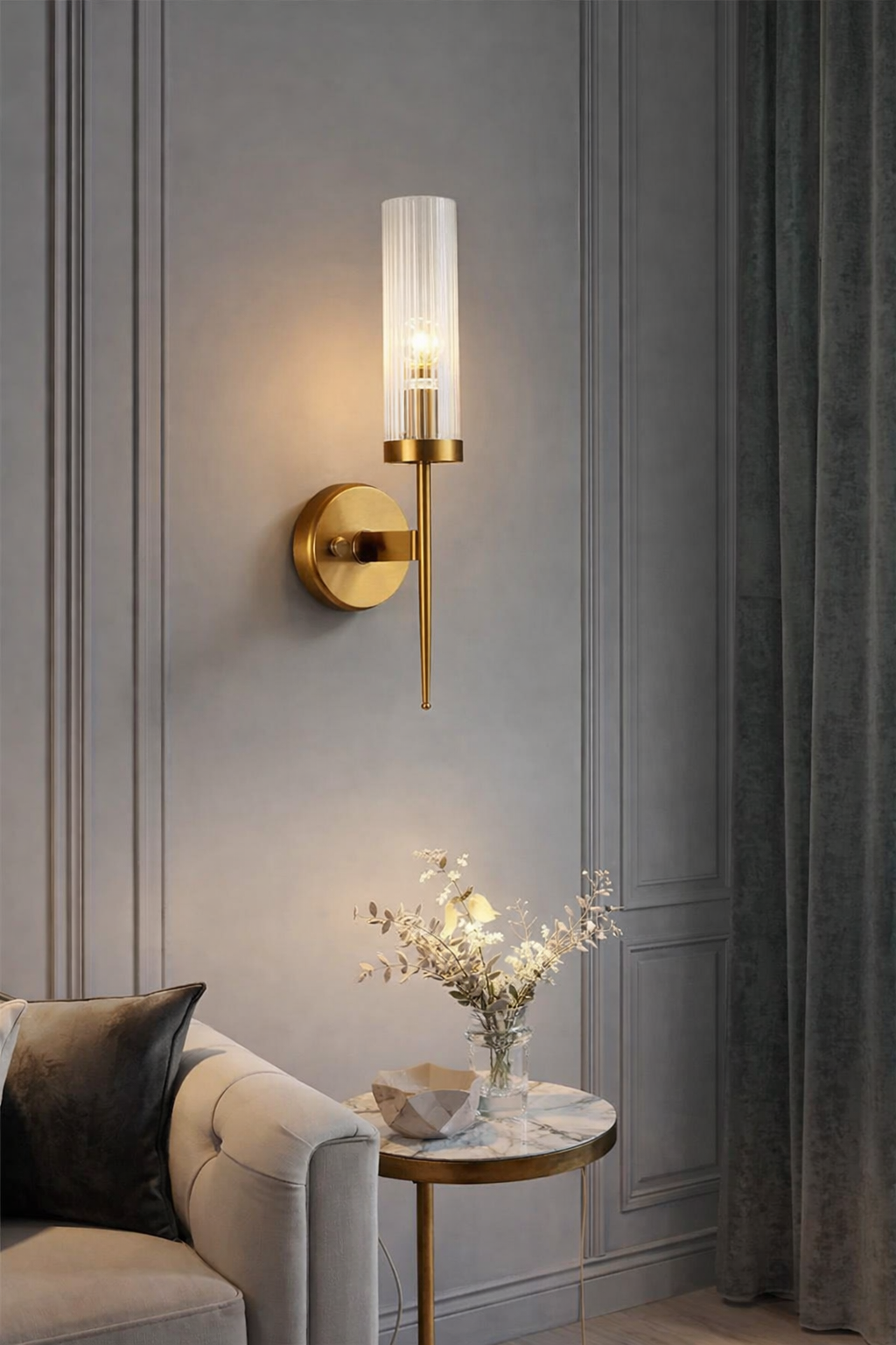 Ojaro 1 Light Antique Brass Clear Glass Long Wall Light- Warm White