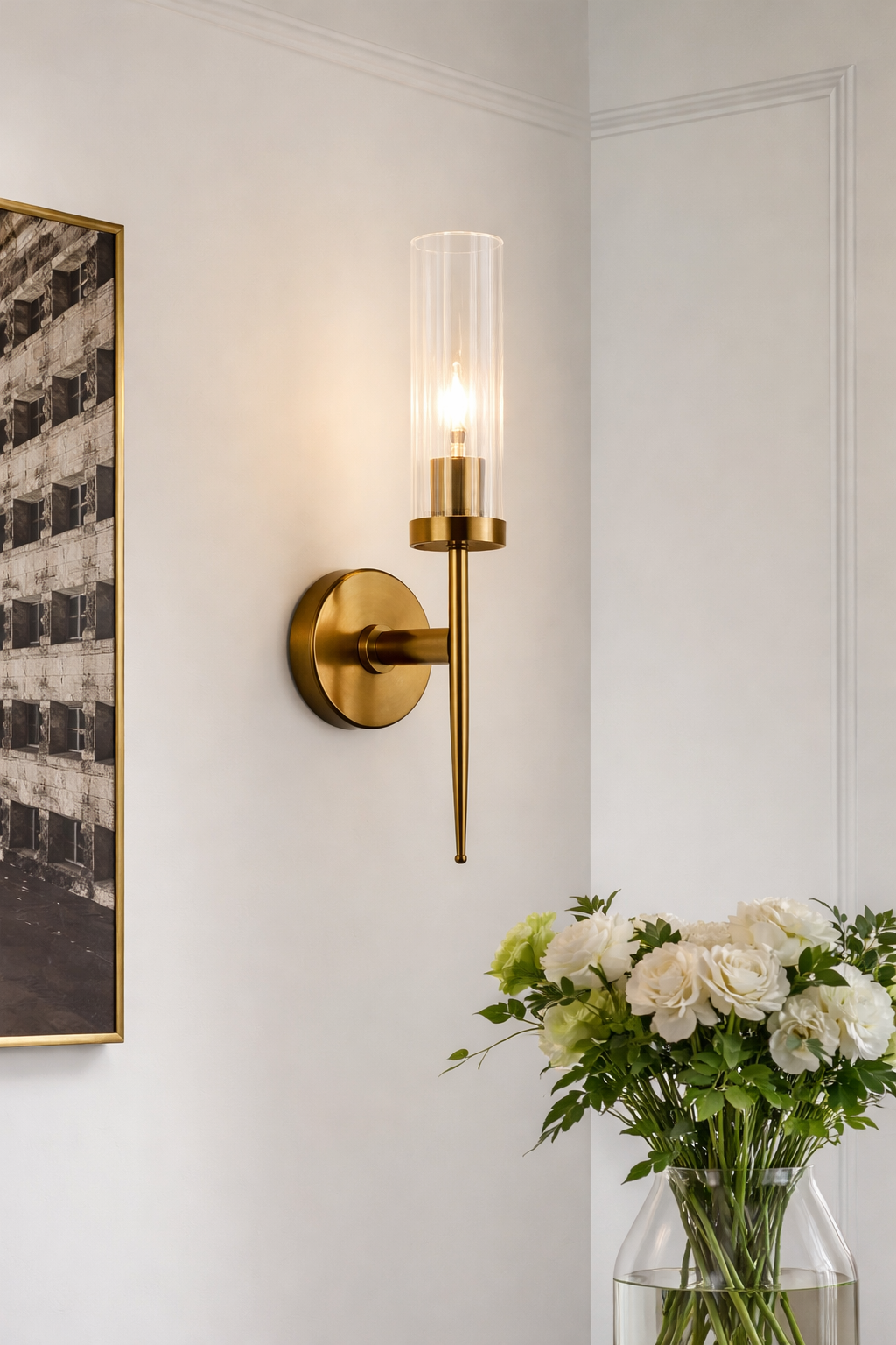 Ojaro 1 Light Antique Brass Clear Glass Long Wall Light- Warm White