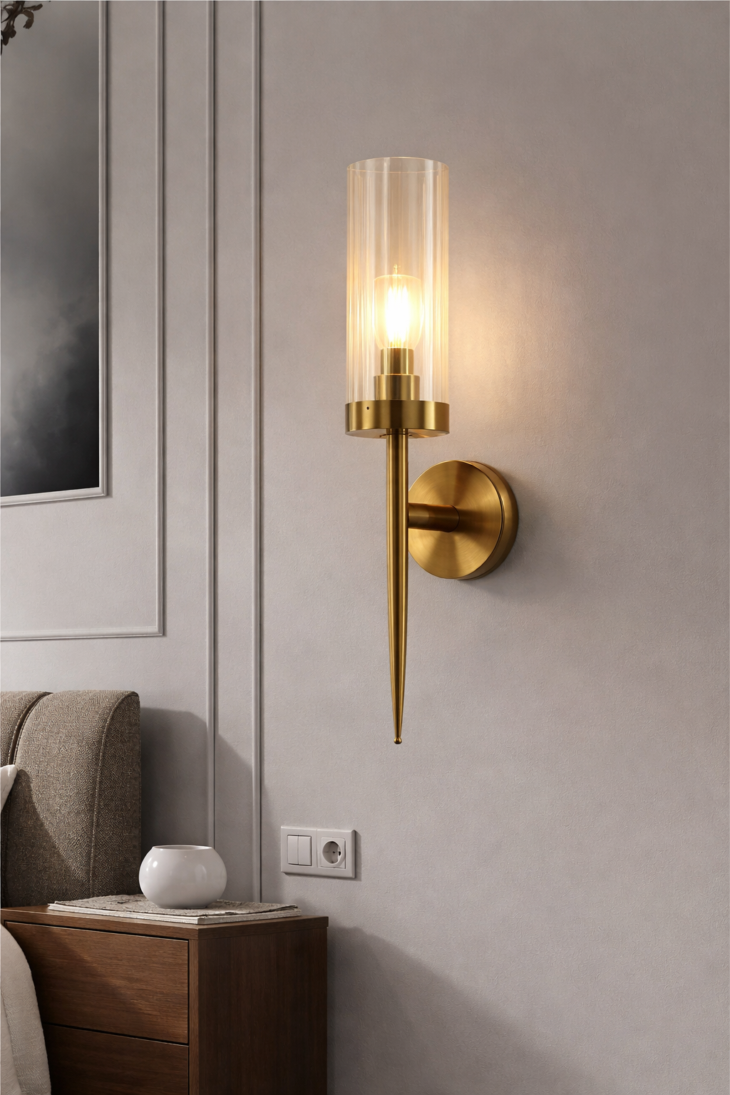 Ojaro 1 Light Antique Brass Clear Glass Long Wall Light- Warm White