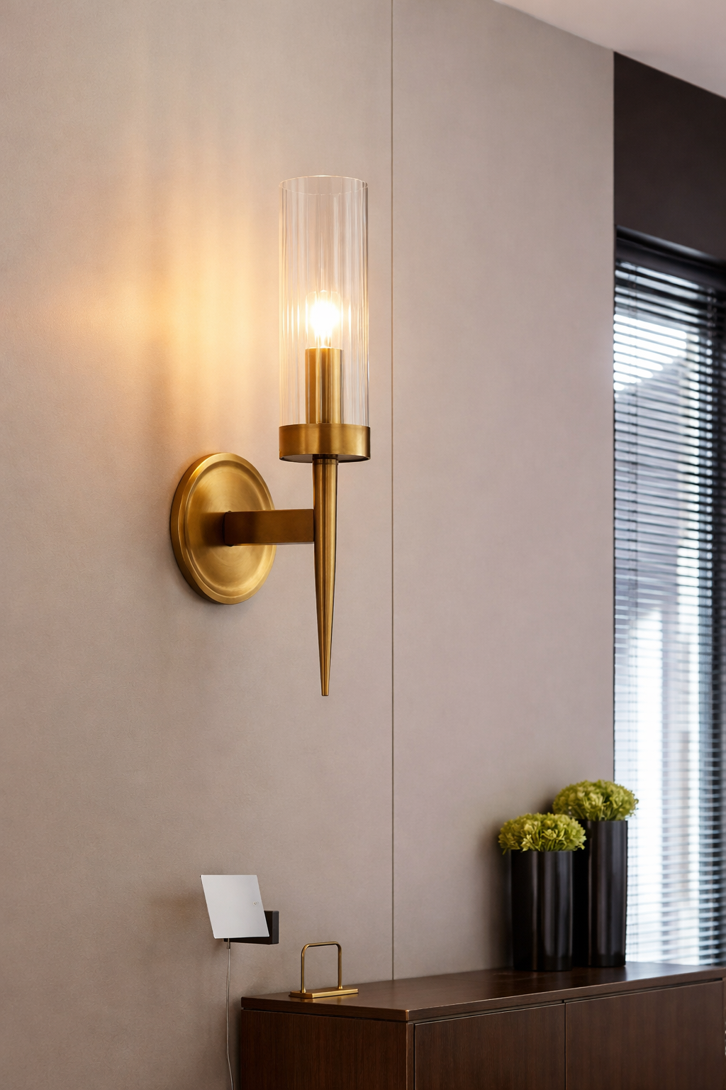 Ojaro 1 Light Antique Brass Clear Glass Long Wall Light- Warm White