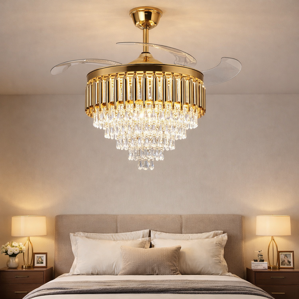 HDC 42" Modern Creative Design Chandelier Ceiling Fan with LED Lighting,Crystal Chandelier Fan Gold Retractable Ceiling Fan Light